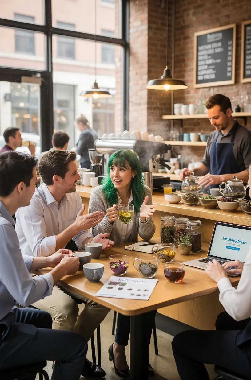 Atversta užrašų knyga su ranka rašytu arbatos gėrimo įpročių planu, akcentuojanti praktinius patarimus.