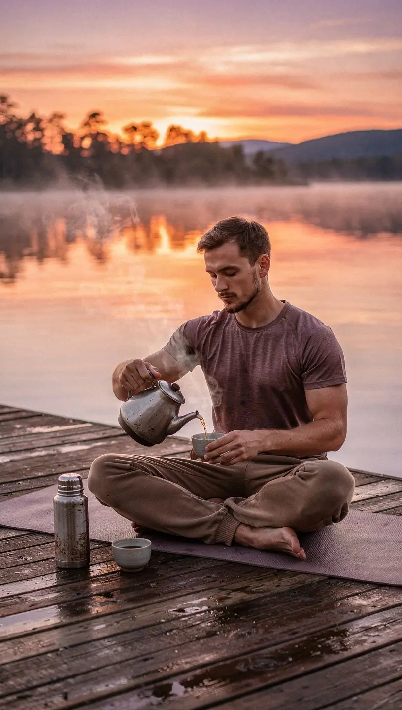 Arbatos puodelis ant stalo šalia natūralių žalių lapų ir užrašų knygelės, simbolizuojantis sąmoningą gėrimo ritualą.