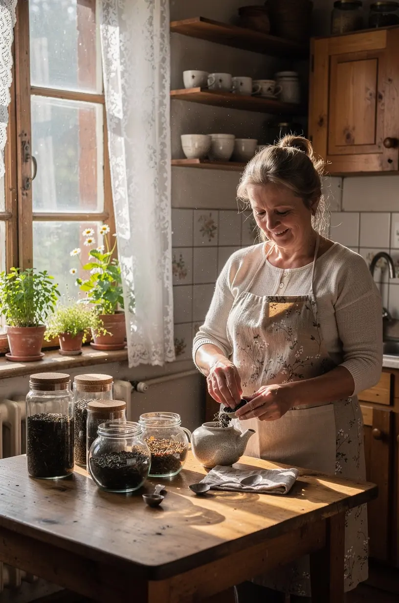 Žmogaus ranka laikanti arbatos puodelį prie lango, perteikianti ramybės ir atsipalaidavimo momentą.